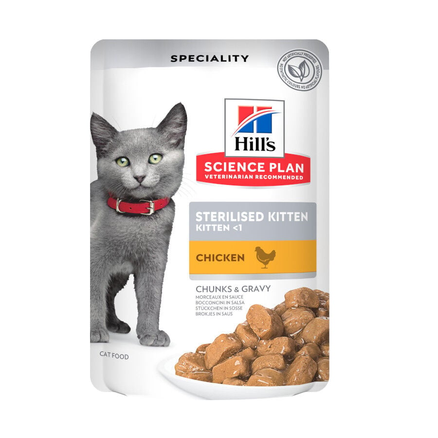 12 sobres x 85 g Hill's Science Plan Feline Sterilised Kitten Pollo en Salsa sobre para gatos, , large indicador imagen numero 1