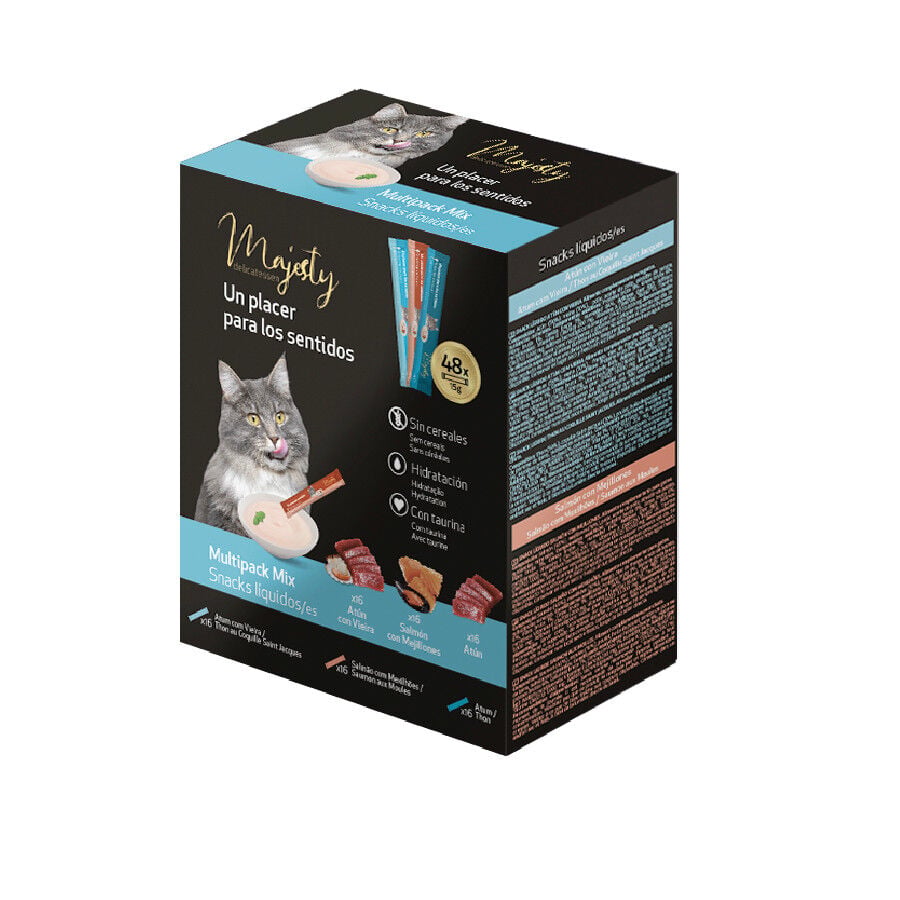 48 sobres x 15 g Majesty Mix Pescado snack l&iacute;quido para gatos, , large indicador imagen numero 1