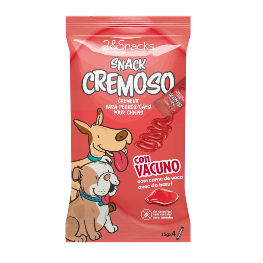4 sobres x 15 g 2&Snacks Snacks Cremosos con Vacuno para perros, , large indicador imagen numero 1