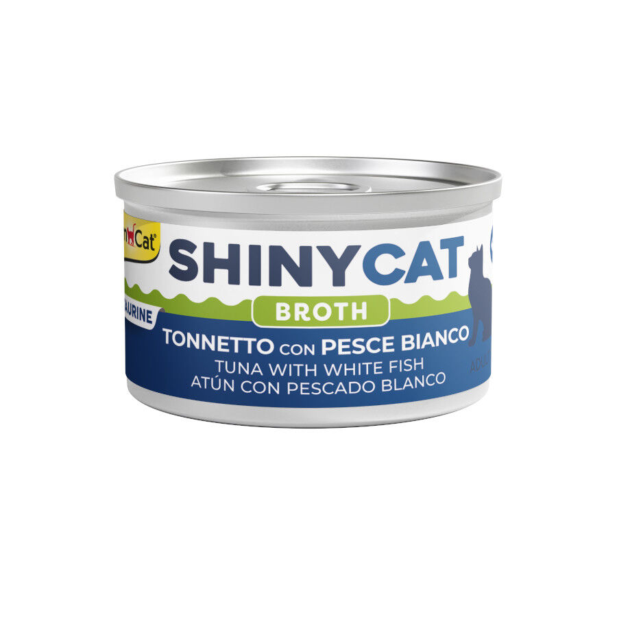GimCat Shiny Cat At&uacute;n y Pescado blanco en caldo lata para gatos