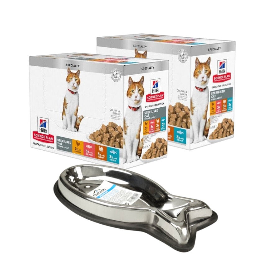 Comedero Outech 150 ml + 24 x 85g sobres Hill's Science Plan Sterilised carne y pescado para gatos &iexcl;Pack Ahorro!, , large indicador imagen numero 1