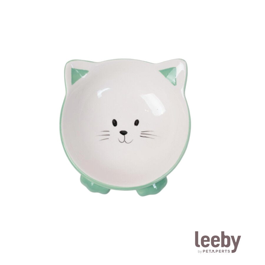 Leeby Comedero de Cer&aacute;mica Blanco y Verde con Orejitas para gatos, , large indicador imagen numero 2