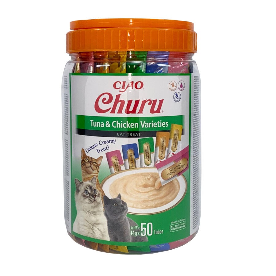 50 sobres x 14 g Churu Snack Cremoso Variedades de At&uacute;n y Pollo para gatos, , large indicador imagen numero 1