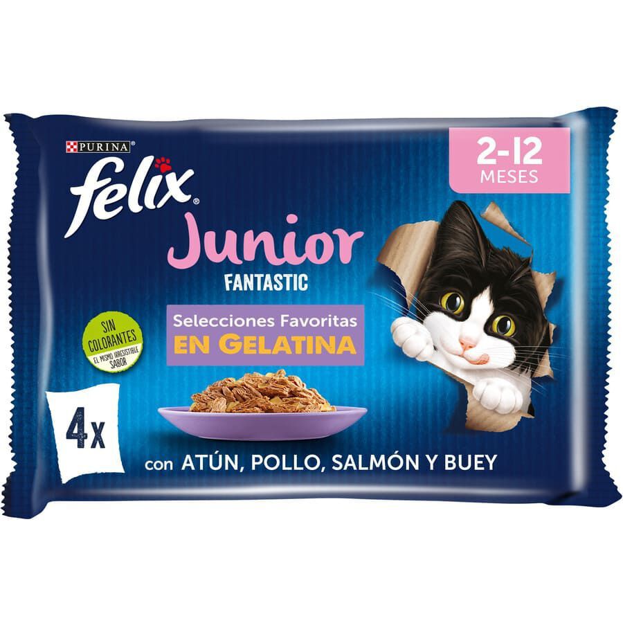4 sobres x 85 g Felix Junior Fantastic Carne y Pescado en Gelatina sobre para gatos, , large indicador imagen numero 1