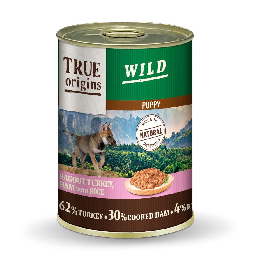 True Origins Wild Puppy Pavo y Jam&oacute;n Cocido con Arroz lata para perros