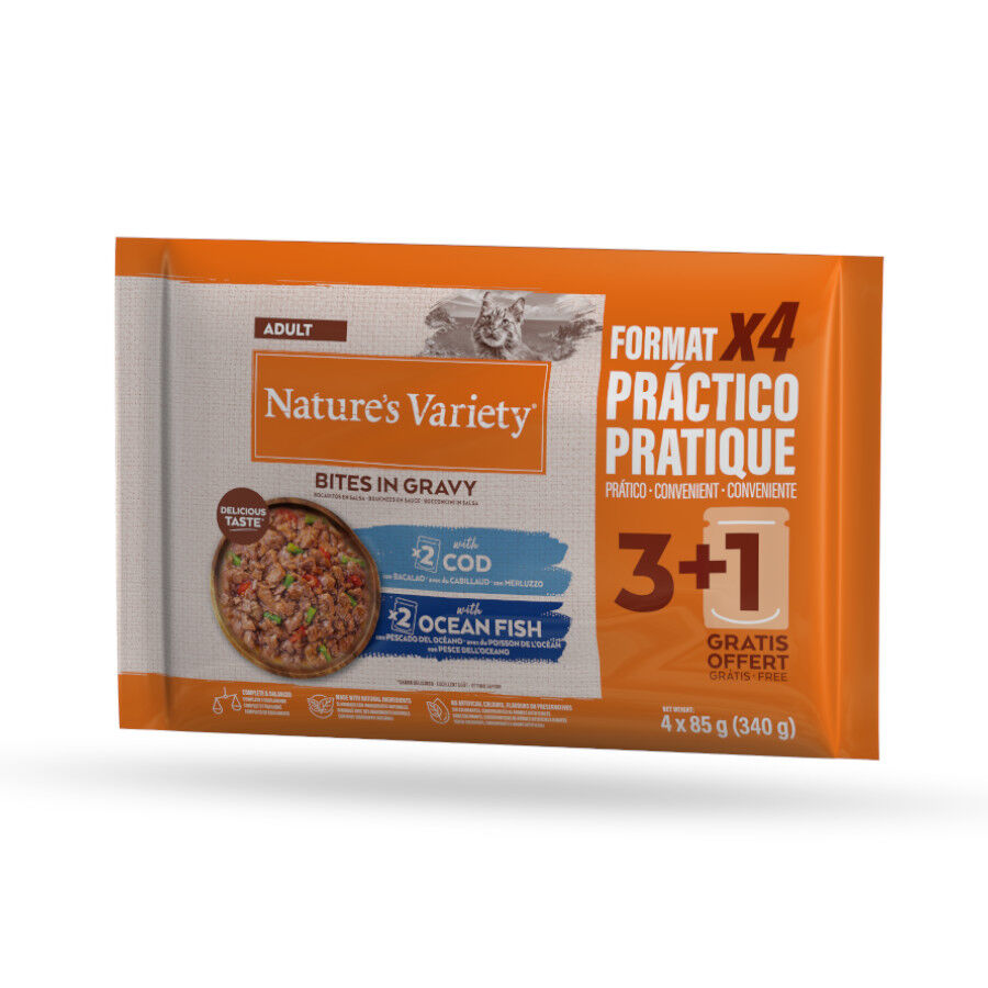 4 sobres x 85 g Nature&rsquo;s Variety Bocaditos de Bacalao o Pez Oce&aacute;nico Sobre en Salsa para gatos adultos , , large Imagen numero 1