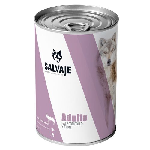Salvaje Adulto Pollo y At&uacute;n en pat&eacute; lata para perros