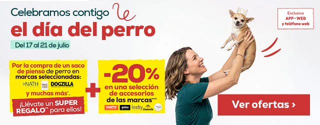 Día del perro: Por la compra de un saco de pienso de perro den marcas seleccionadas llévate un super regalo para ellos, y -20% en selección de accesorios de marcas Tootoy, Gotoo, Leeby, outech y Psh